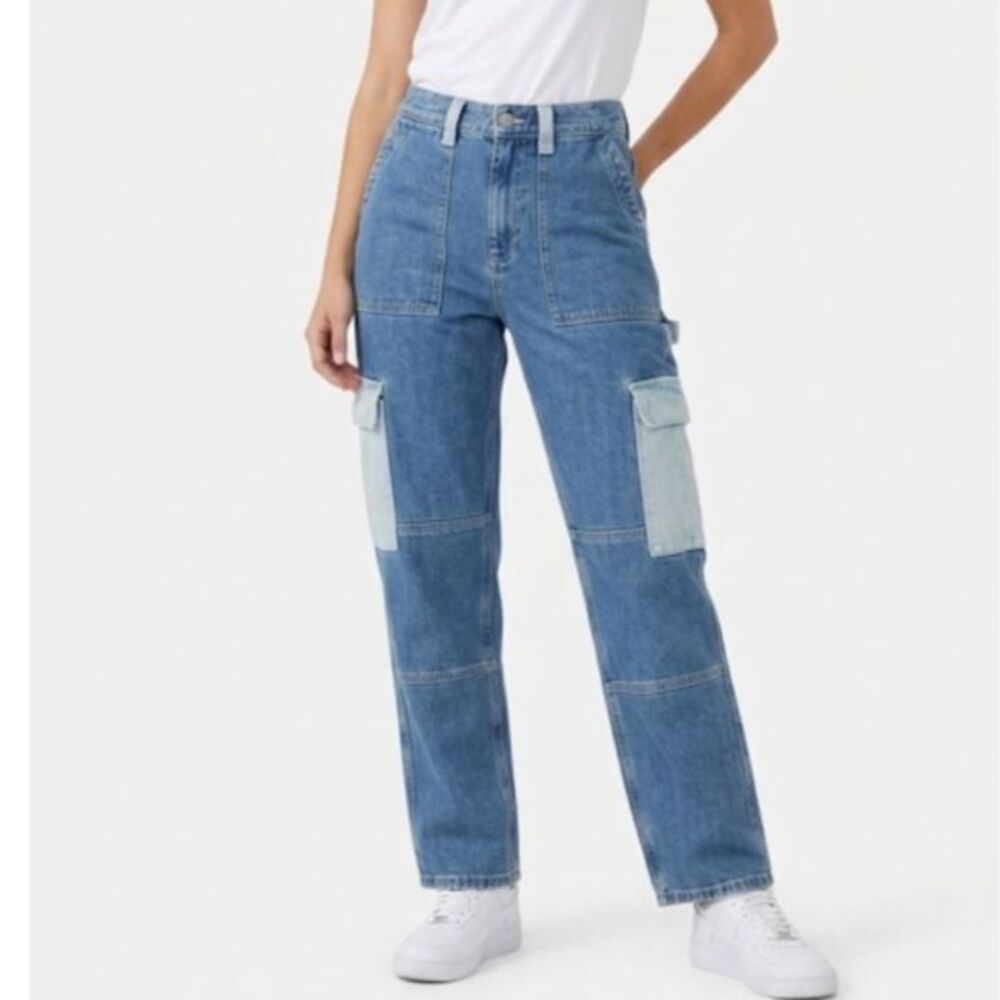 PacSun Women's Blue Two-Tone Denim High Rise Straight Leg Cargo Jeans Size 26